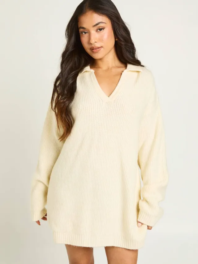 boohoo Dames Petite Gebreide Mini-jurk Met Kraagdetail En Oversized Rugby-pasvorm Ecru