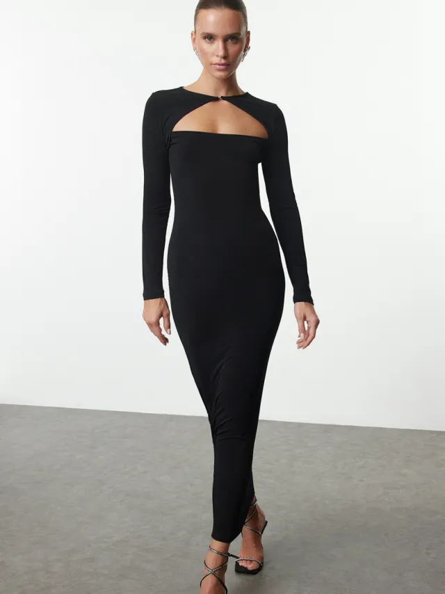 Trendyol TRENDYOLMİLLA Dames Zwart Effen Maxi Lang Stijlvol/Avond Bodycon Jurken