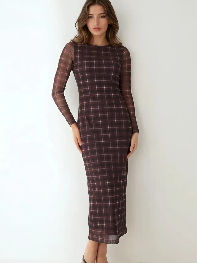 Hiccup Geblokte Bodycon Midi-jurk Mokka
