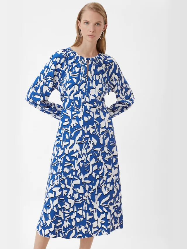 Comma female - Vloeiende maxi-jurk met all-over print koningsblauw
