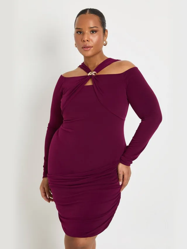boohoo Dames Plus lange mouw Halter gouden rand minijurk Pruim