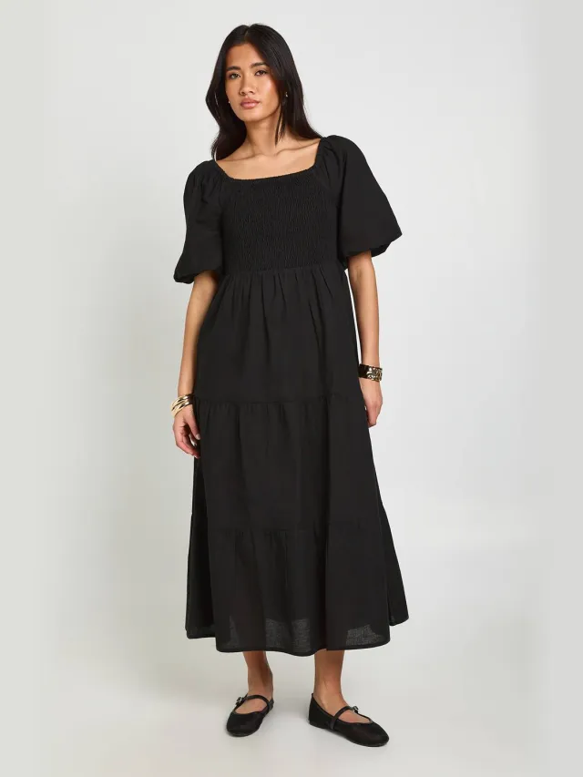 boohoo Dames Linnen-look Jurk Met Volumineuze Mouwen En Gelaagde Midaxi Lengte Zwart