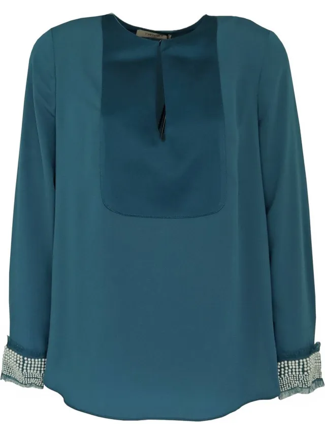 Twin Set Twinset • caribbean blauwe blouse met parels • maat S (IT42)