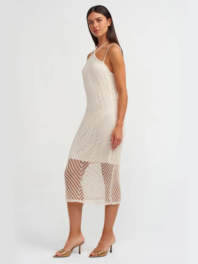 Dilvin Gestructuurd Halter Midi-jurk met Uitsnijding Crème