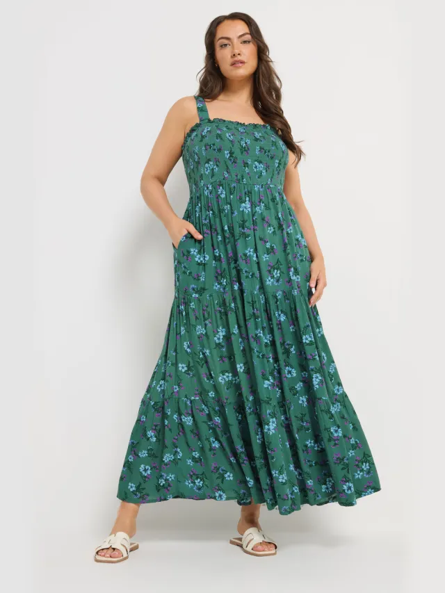 Yours Groene Gesmokte Jurk Met Bloemenprint-56 Green