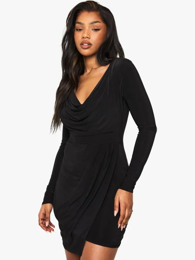boohoo Dames Slinky Gerouleerde Wikkel Mini Jurk Zwart