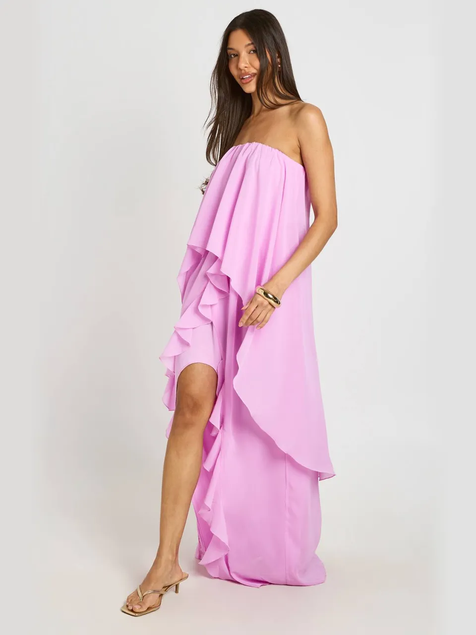 boohoo Dames Chiffon Gelaagde Ruches Bandeau Maxi Jurk roze, foto 3