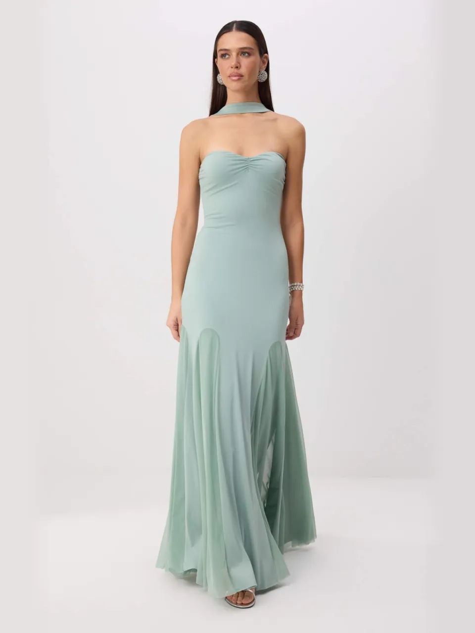 Trendyol TRENDYOLMİLLA Dames Groen Effen Maxi Mouwloos Zeemeermin Avond & Gala Jurk