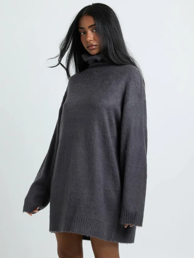 boohoo Dames Superzachte Geborstelde Gebreide Coltrui Mini-jurk Houtskool