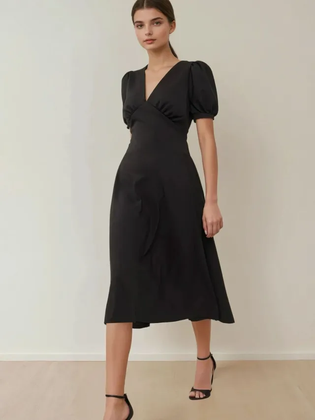 Hiccup V-hals Puff Mouw A-Lijn Crepe Midi Jurk Zwart