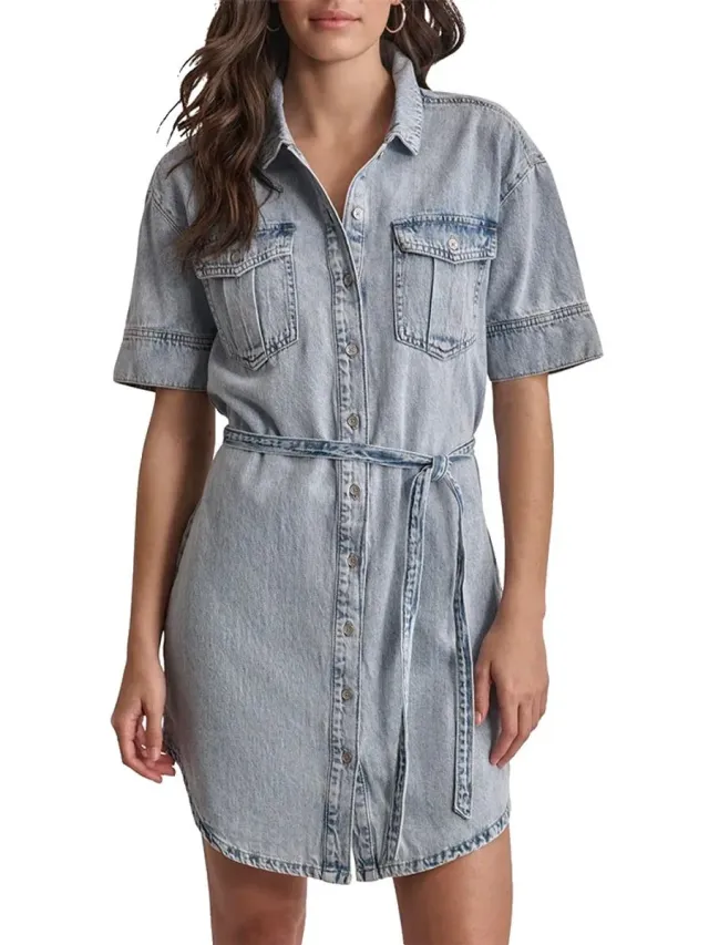 Dkny Self Belted Korte Mouw Jurk Blauw M Vrouw Light Denim