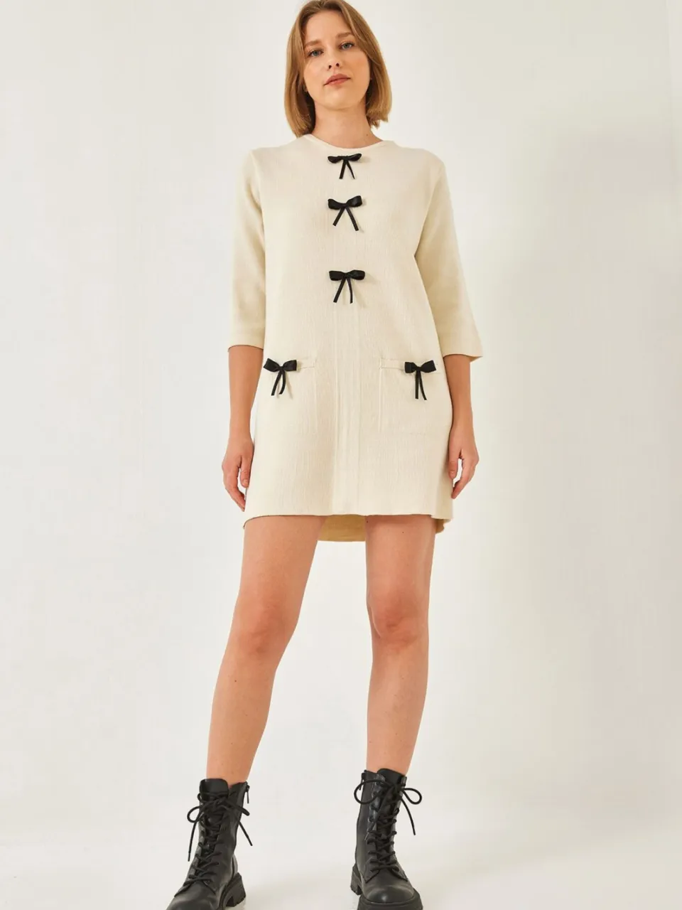 Bianco Lucci Gevopt Brei-jurk met Strik beige, foto 2