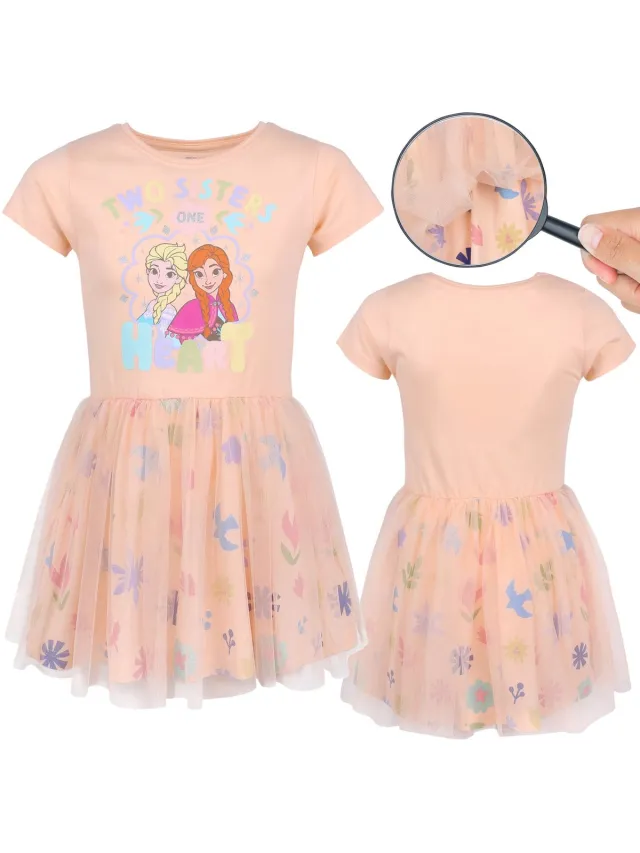 Disney Frozen Anna Elsa Perzikkleurige tule met korte mouwen, meisjesjurk Abrikoos