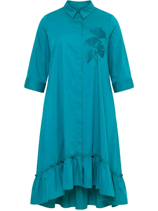Ulla Popken Dames - Maxi-jurk gingko-borduursel overhemdkraag driekwartmouwen - Smaragd - Maat 42+