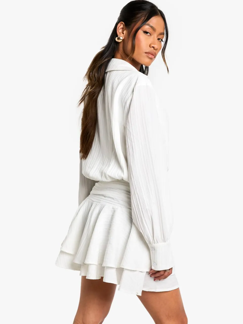 boohoo Dames Mini-jurk met getextureerde, gerimpelde rok met franjes wit, foto 2