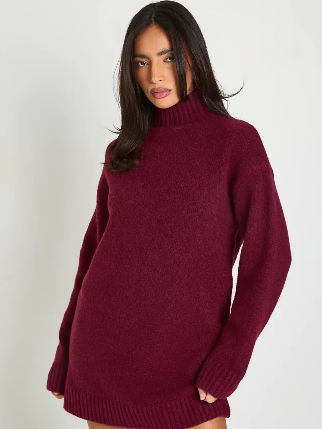 boohoo Dames Gebreide Mini-jurk Met Hoge Hals Pruim