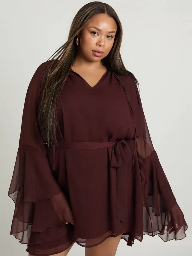boohoo Dames Plus Chiffon Uitlopende Mouw Skater Jurk Chocoladebruin