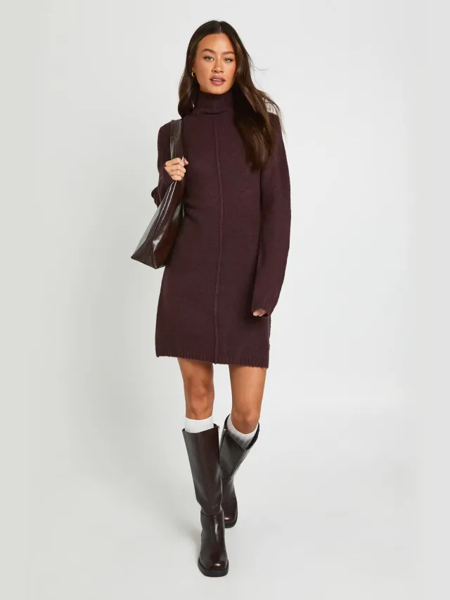 boohoo Dames Tall Hoogsluitende Gebreide Mini Trui-jurk Met Naaddetail Chocoladebruin