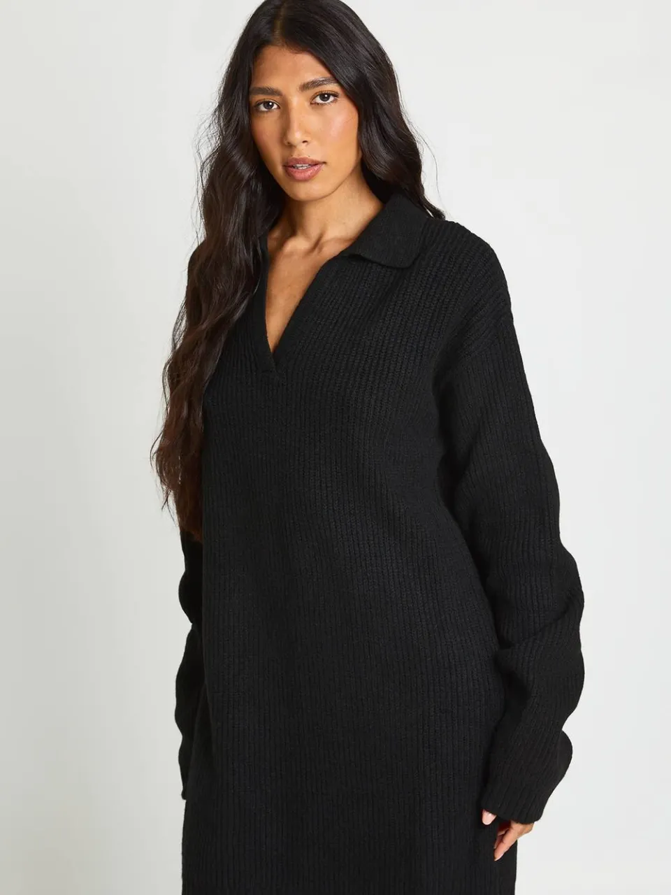 boohoo Dames Gebreide Mini-jurk Met Hoge Kraagdetail En Oversized Rugby-pasvorm zwart, foto 2