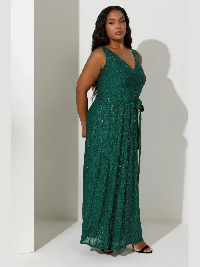 Yours London Mouwloze Maxijurk Met Pailletten En Tailleband In Groen Green