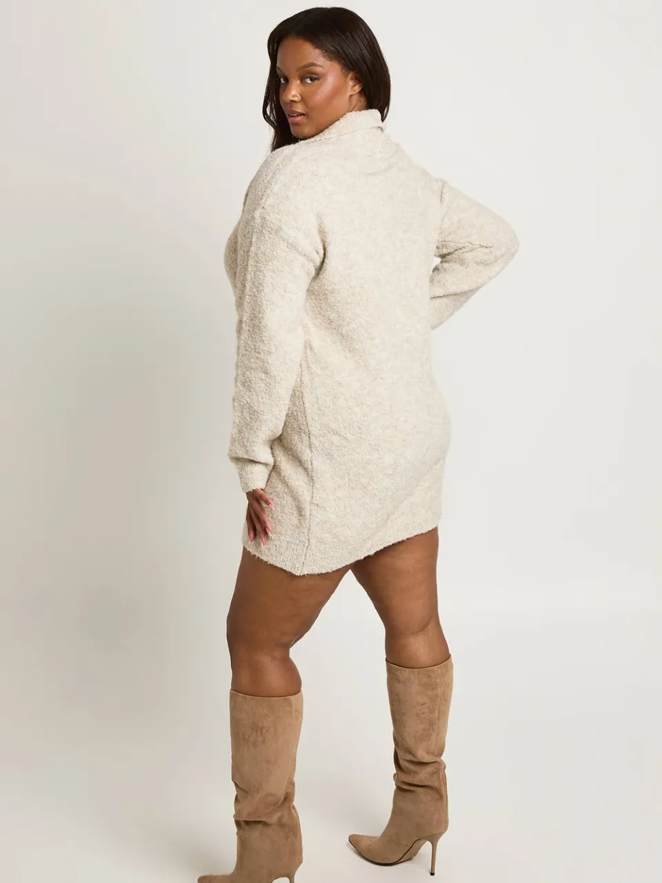 boohoo Dames Plus Gebreide Mini-jurk Met Kraag In Boucle steen, foto 3