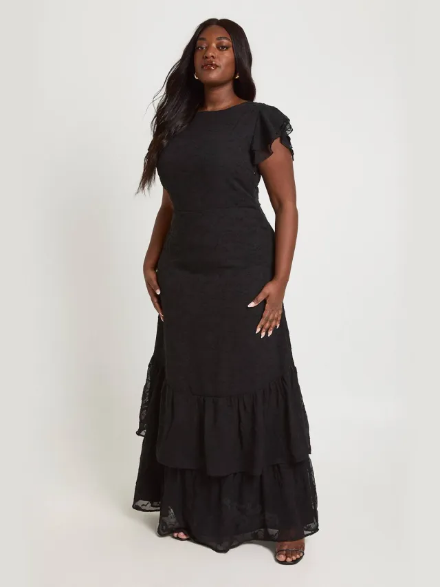 boohoo Dames Plus Maxi Jurk Met Uitgebrand Bloemenpatroon En Ruches Zoom Zwart