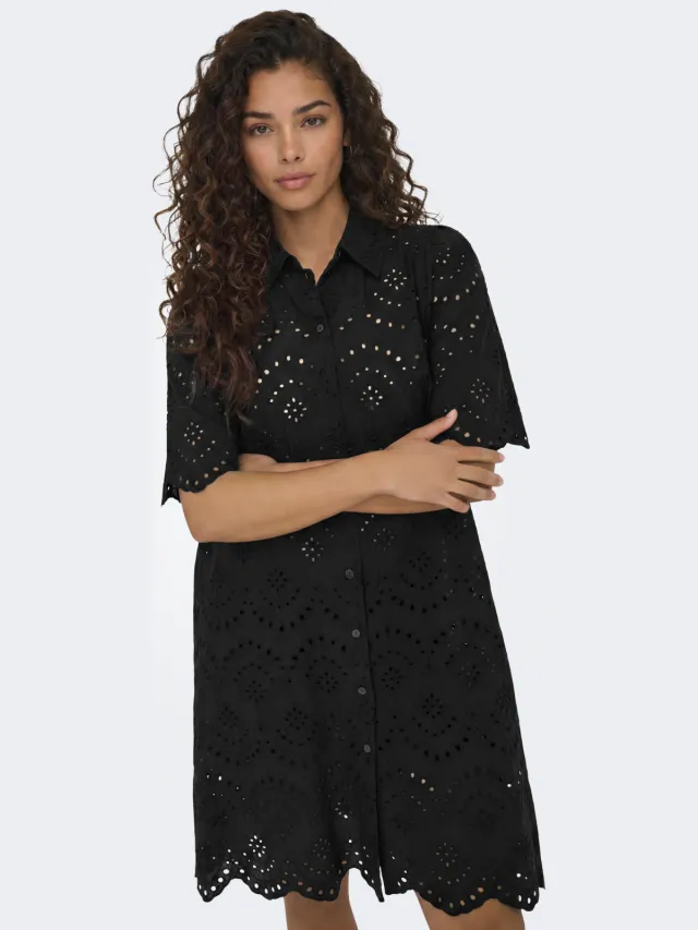 Only ONLVALAIS korte broderie jurk zwart