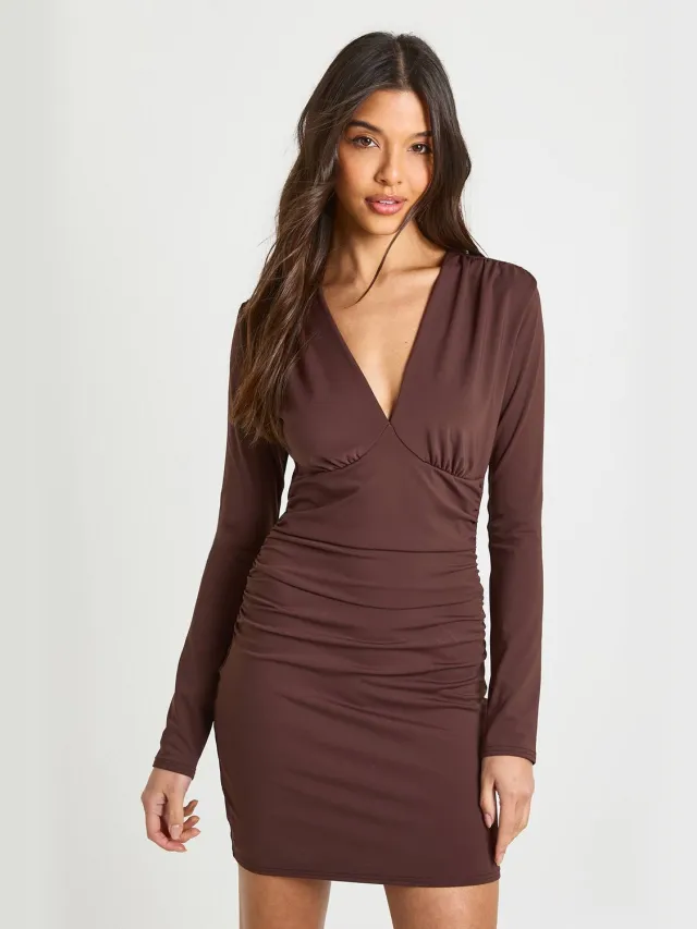 boohoo Dames Mini-jurk met lange mouwen, diepe V-hals en gesculpteerd ontwerp Chocoladebruin