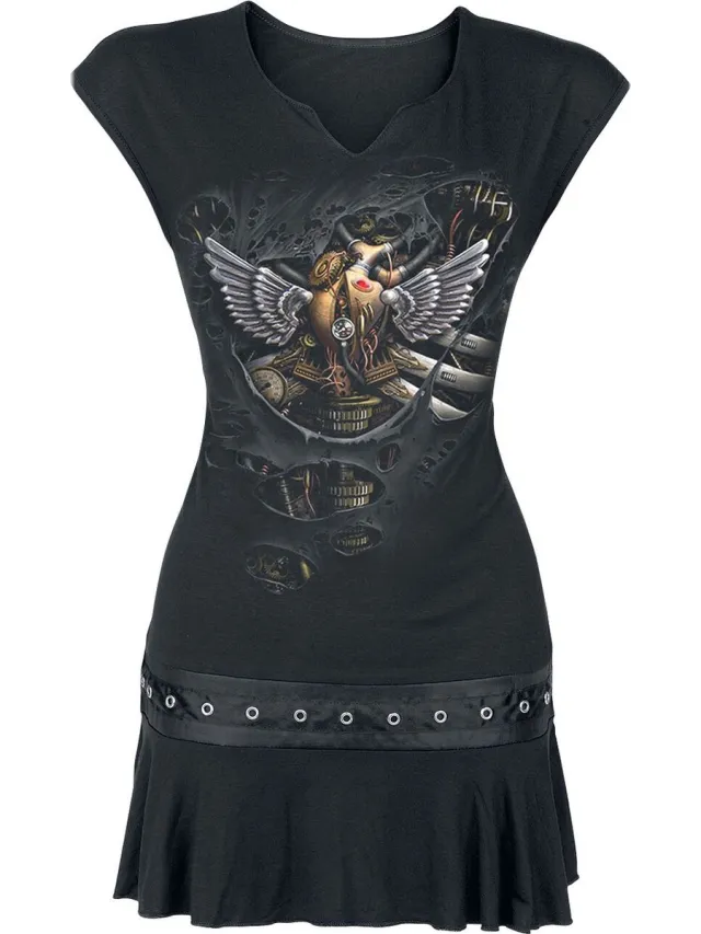 Spiral Steam Punk Ripped Dames Mini-jurk - zwart