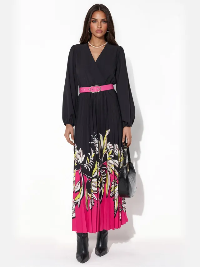 MSN Collection Bloemen Midi-jurk met Riem Veelkleurig