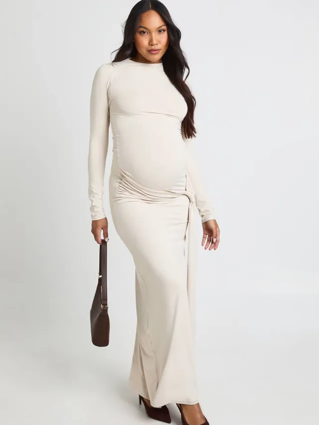 boohoo Dames Zwangerschaps Maxi Jurk Met Strik Onder Buik En Asymmetrische Zoom Steen