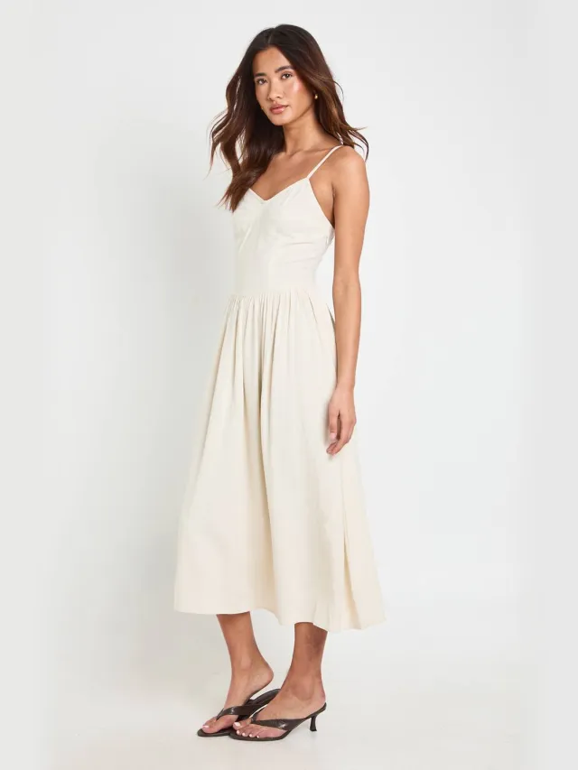 boohoo Dames Premium Linnen Corset Detail Midi Skater Jurk Natural