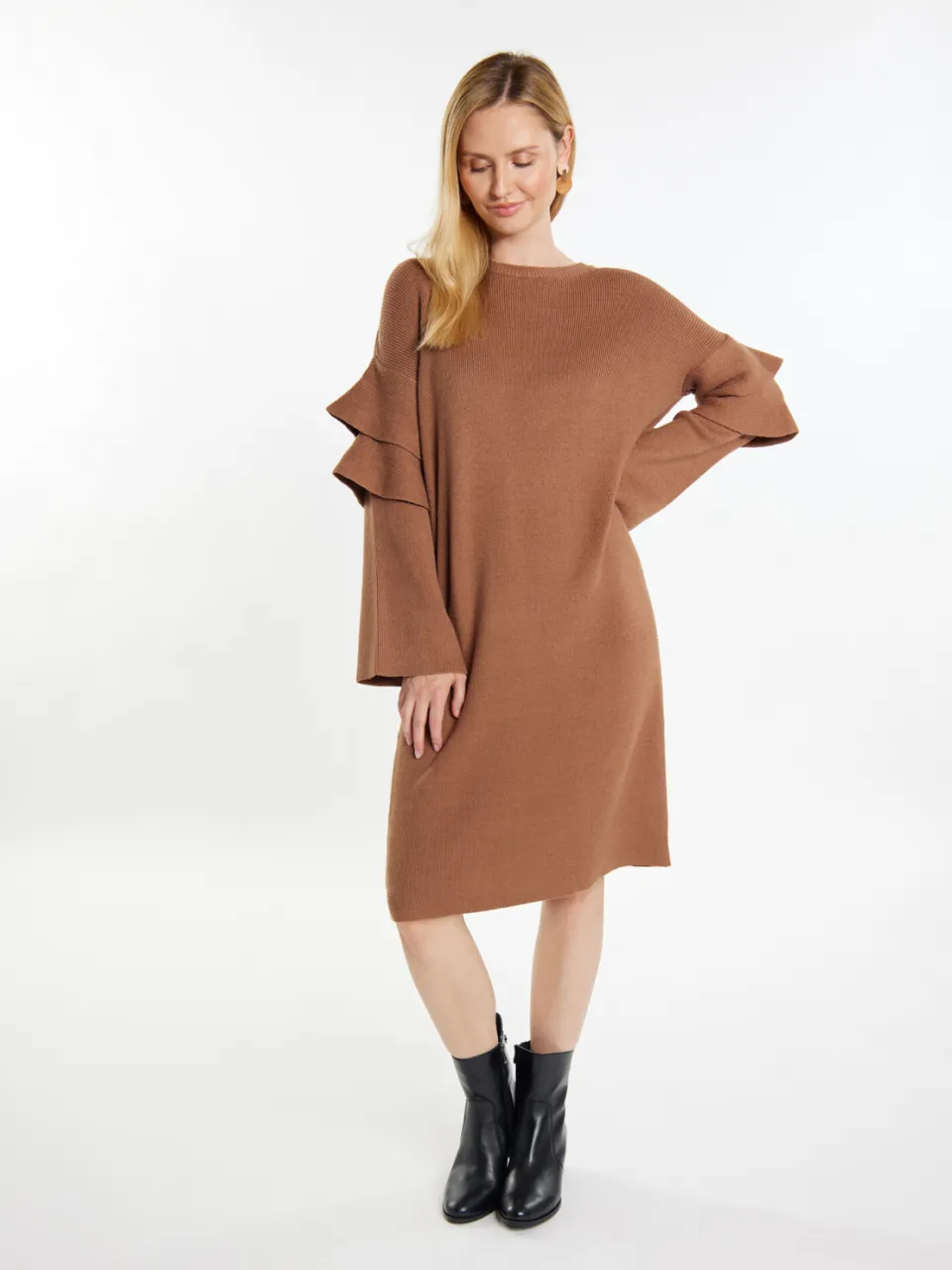 Usha Gebreide jurk Dames Kameel Camel