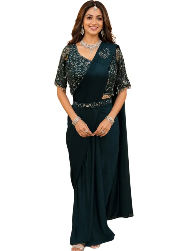 Simhera Threads Women's Deep Teal Designer One Minute Saree -Mens and Womens Fashion-with Embellished Half-Sleeve Blouse Deep Teal Green / Dark Peacock Green