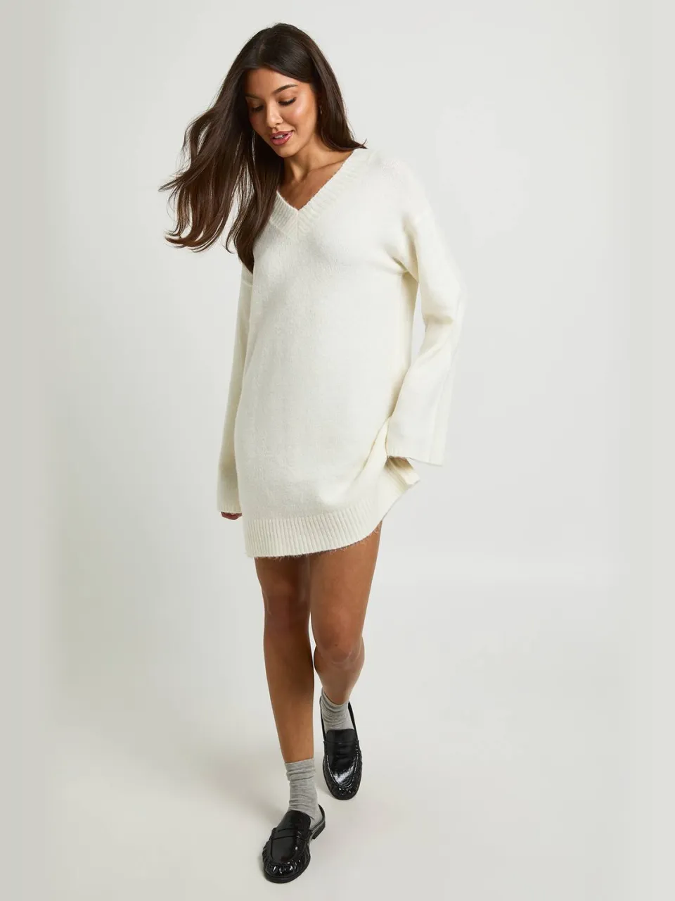 boohoo Dames Superzachte Gebreide Mini-jurk Met V-hals crème, foto 2