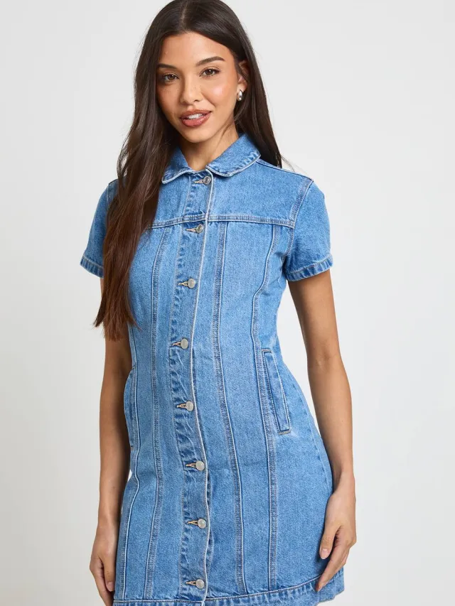 boohoo Dames Western Denim Korte Mouwen Mini Jurk Medium Blauw