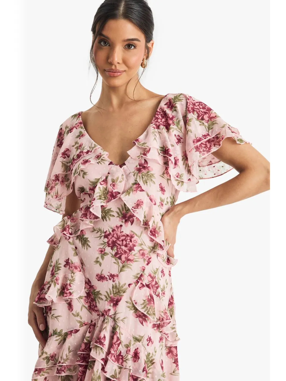 boohoo Dames Bloemen Ruffle Maxi Jurk roze, foto 2