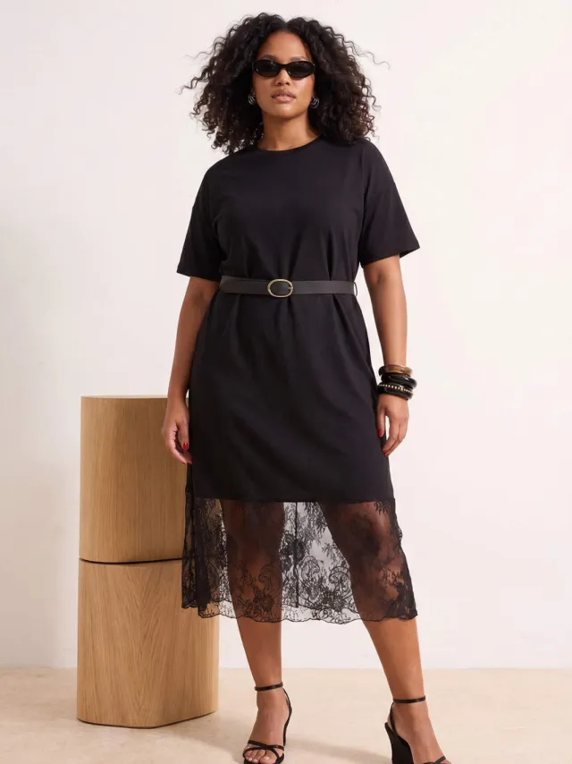 Trendyol Curve Dames Zwart Effen Midi Kort Recht Grote maten Jurk