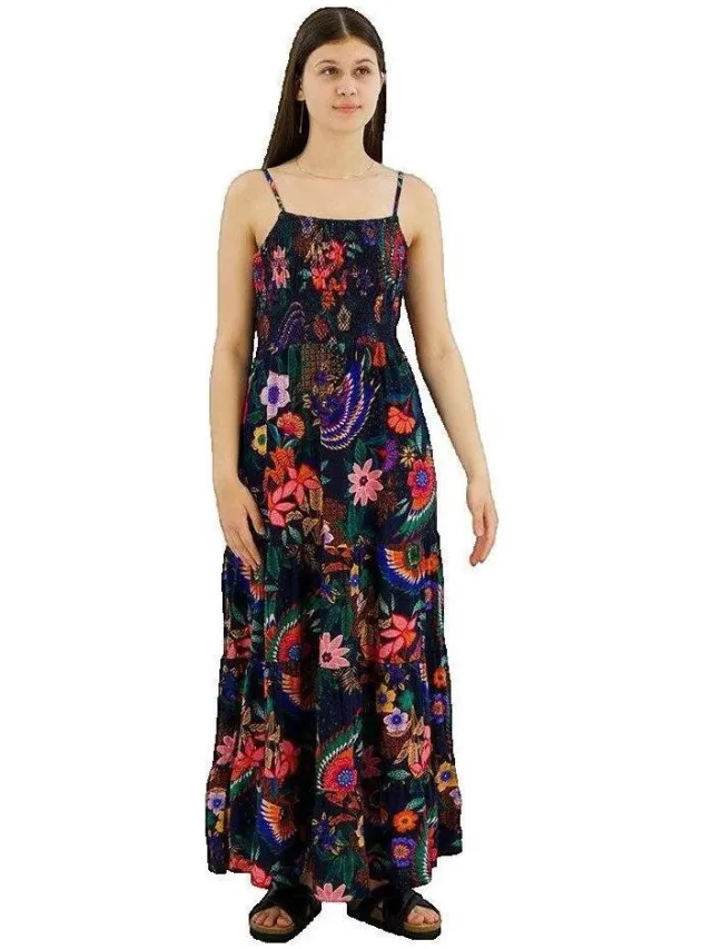 Lange Jurk Superdry Robe Smocked Cami Sans Manches Longue blauw