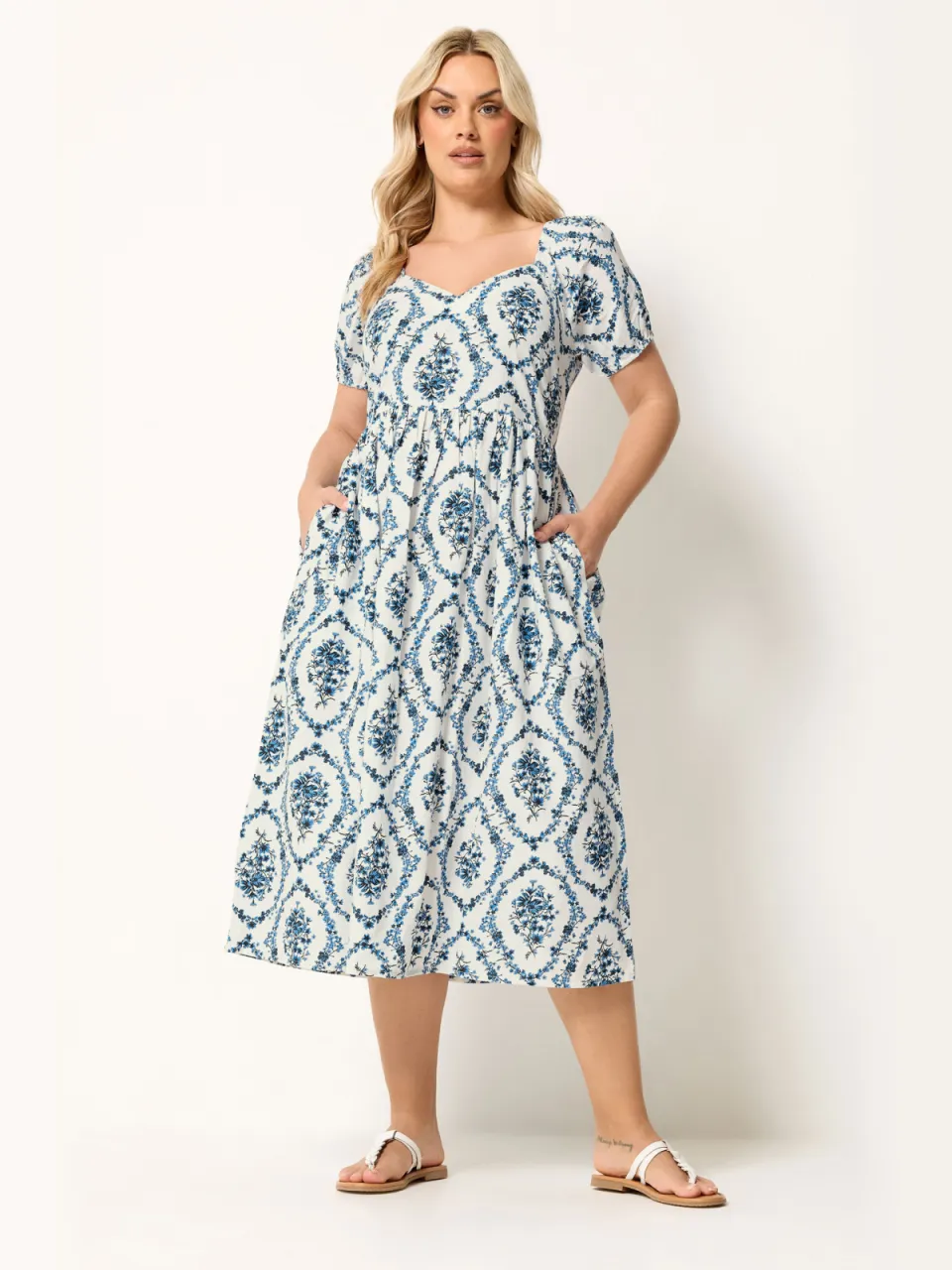 Yours Witte En Blauwe Midaxijurk Met Bloemenprint-64, foto 2