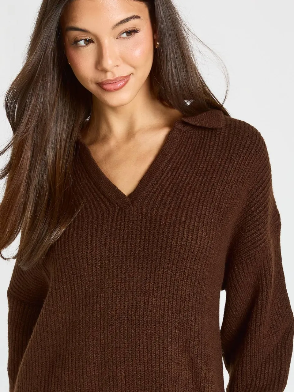 boohoo Dames Gebreide Mini-jurk Met Kraagdetail En Oversized Rugby-pasvorm chocoladebruin, foto 3