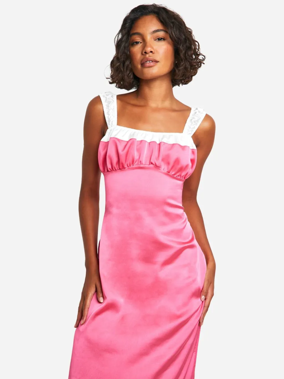 boohoo Dames Lange satijn contrastdetail midaxi jurk roze, foto 3
