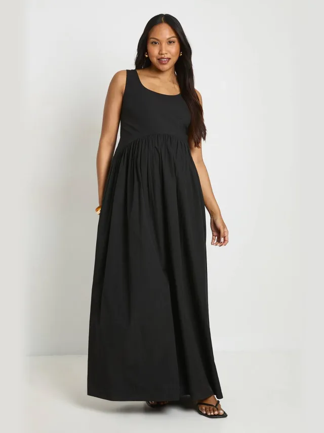 boohoo Dames Zwangerschaps Katoenen Poplin Geplooide Maxi Jurk Zwart