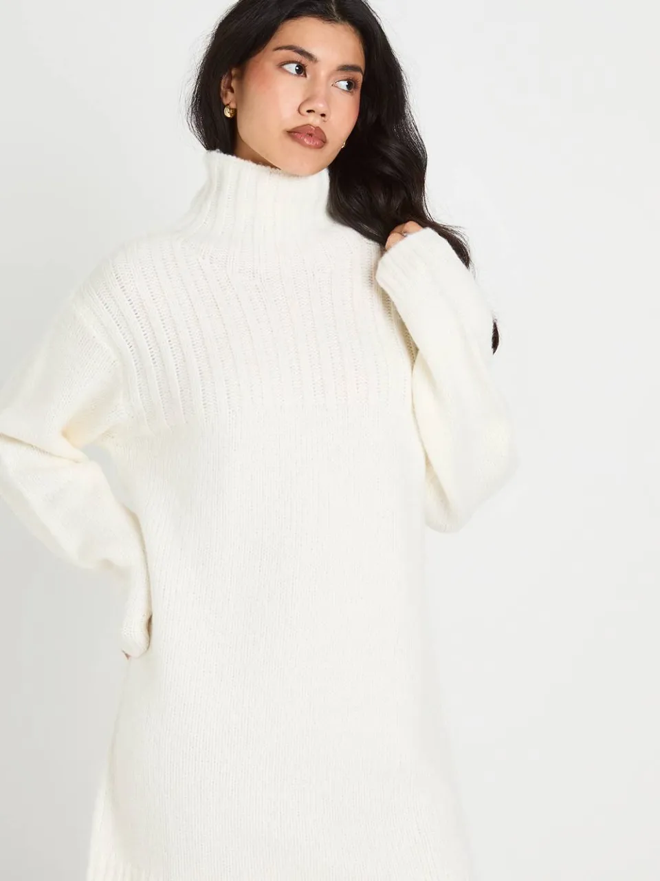 boohoo Dames Oversized Gebreide Mini-trui-jurk Met Hoge Col crème, foto 2