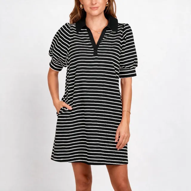 Imily Bela Dames Gestreepte Polo Mini Jurk Zwart