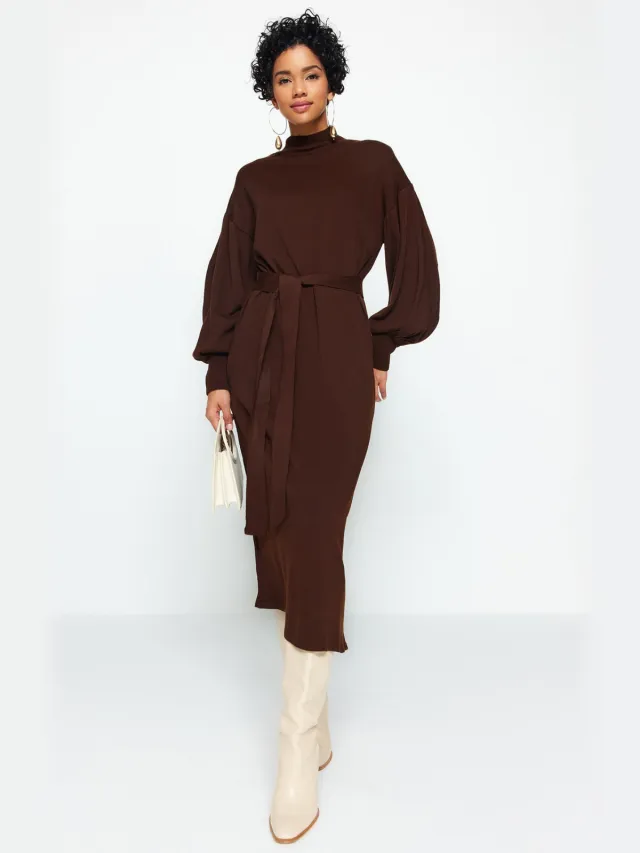 Trendyol Modest Dames Bruin Effen Maxi Lang Casual Recht Modest Jurken