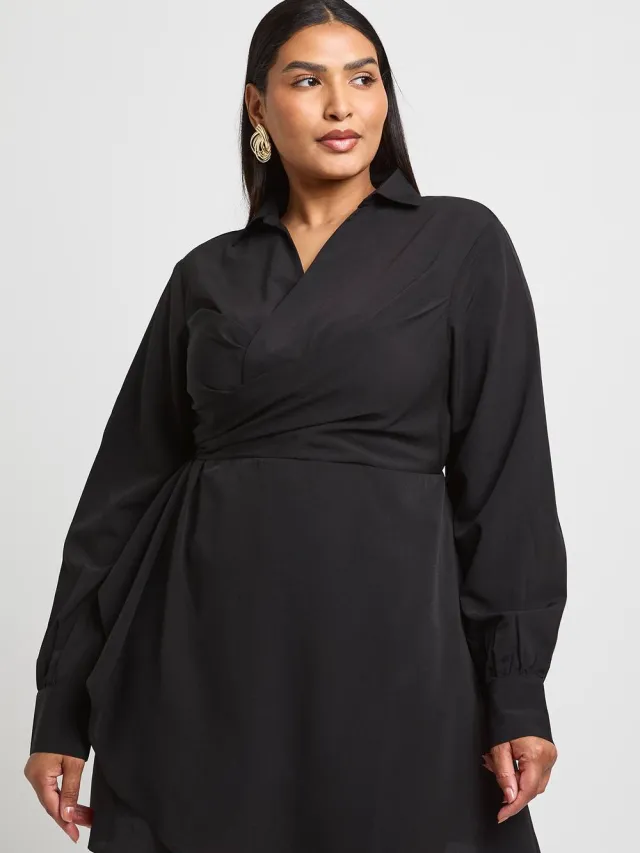 boohoo Dames Plus Overslag Voorkant Blousejurk Zwart