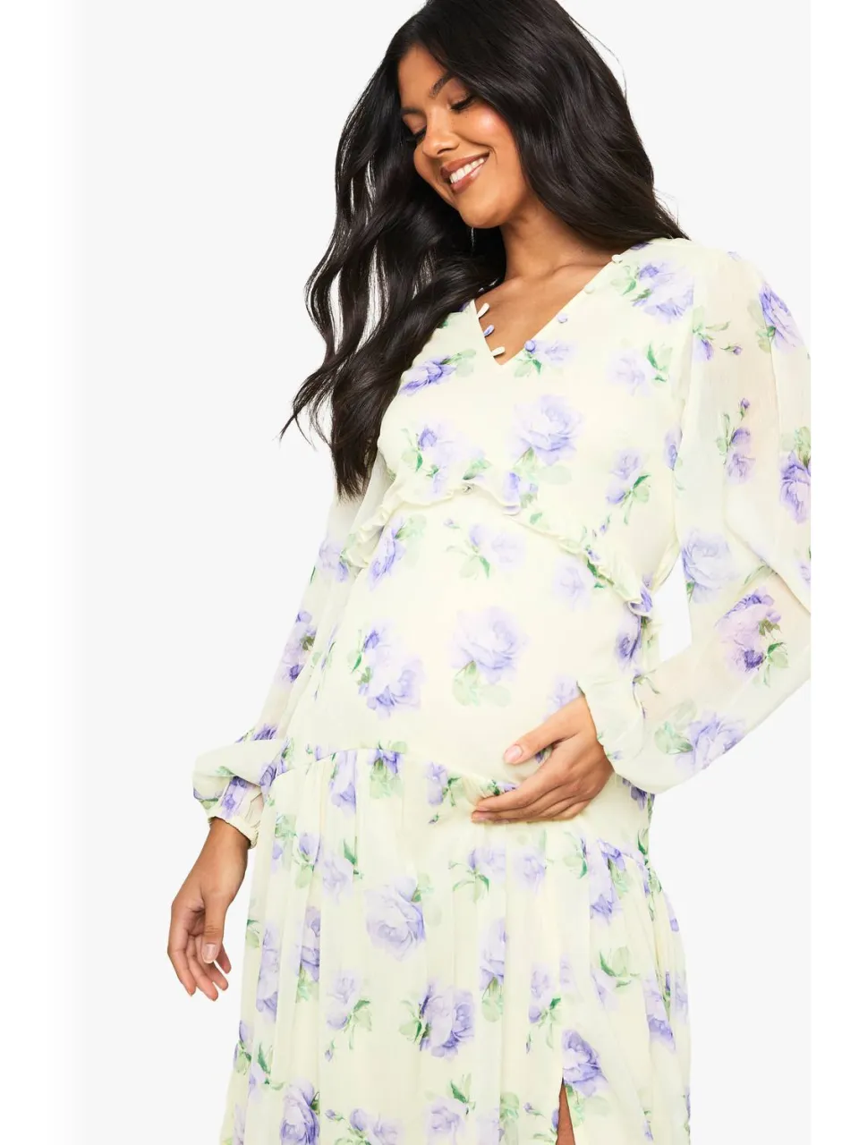 boohoo Dames Zwangerschapsjurk in chiffon met lange mouwen en geplooide taille maxi-jurk citroen, foto 3