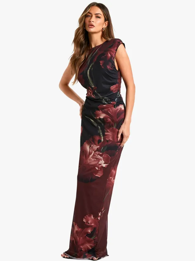 boohoo Dames Grote maxi-jurk met bloemenprint in mesh Zwart