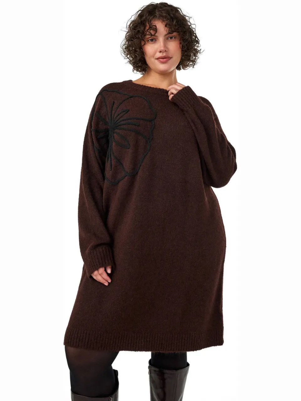 Zizzi Plus Size gebreide midi jurk met borduursels en wol - donkerbruin
